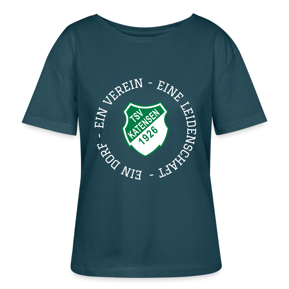 TSV Katensen Relaxed Rundhals Frauen Bio-T-Shirt "Ein Dorf" - Dunkles Petrol