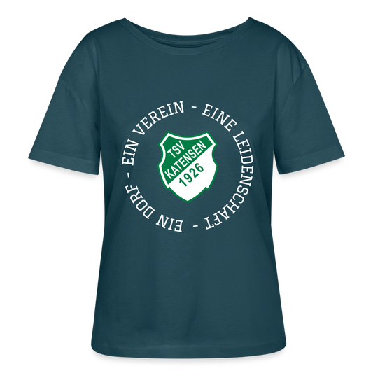 TSV Katensen Relaxed Rundhals Frauen Bio-T-Shirt "Ein Dorf" - Dunkles Petrol