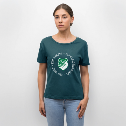 TSV Katensen Relaxed Rundhals Frauen Bio-T-Shirt "Ein Dorf" - Dunkles Petrol