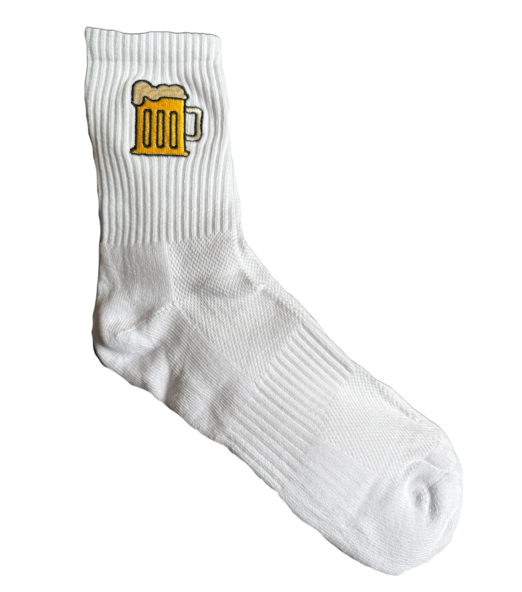 Bestickte Bier-Socken, Seitenansicht am Fuß