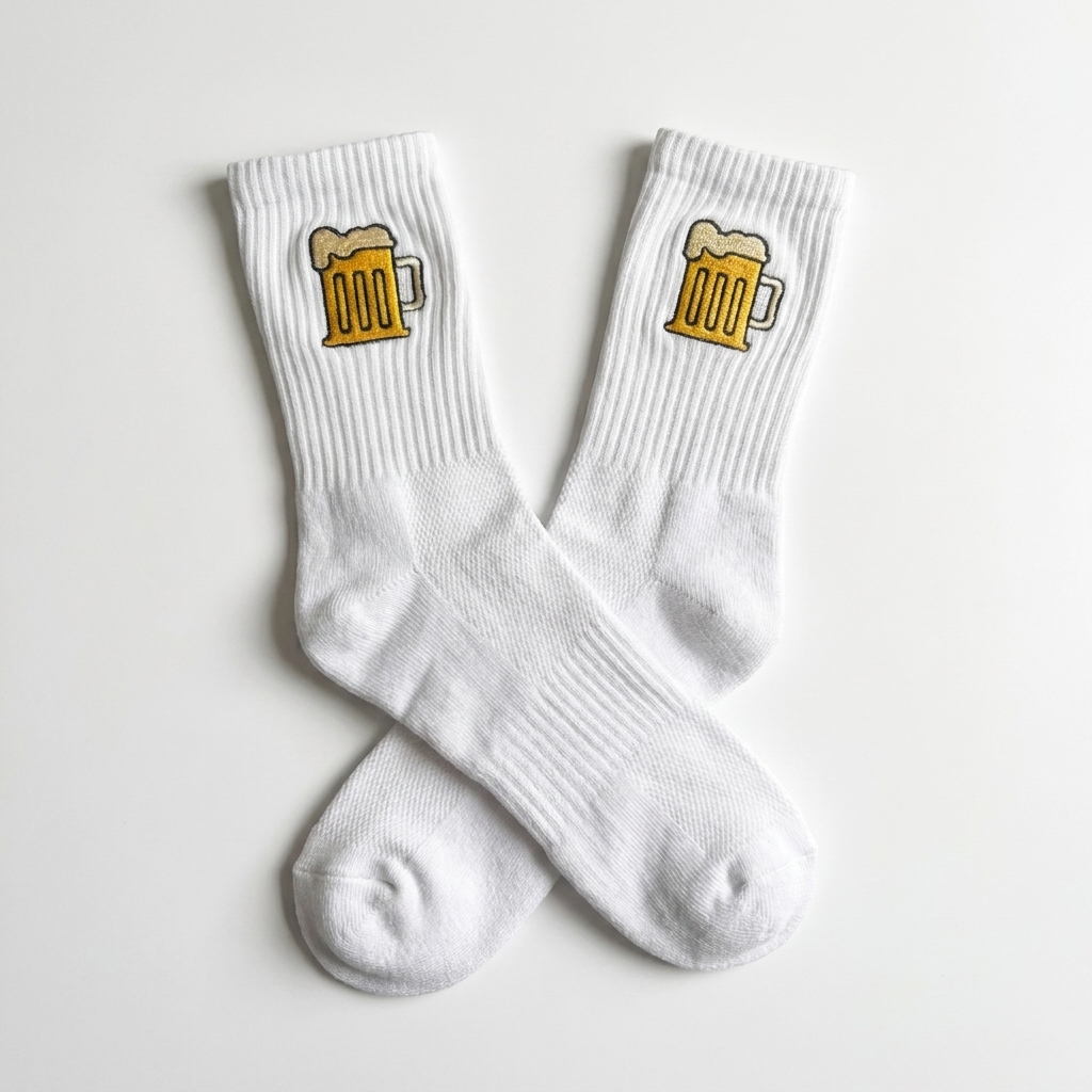 Bestickte Bier-Socken, Studio-Flatlay