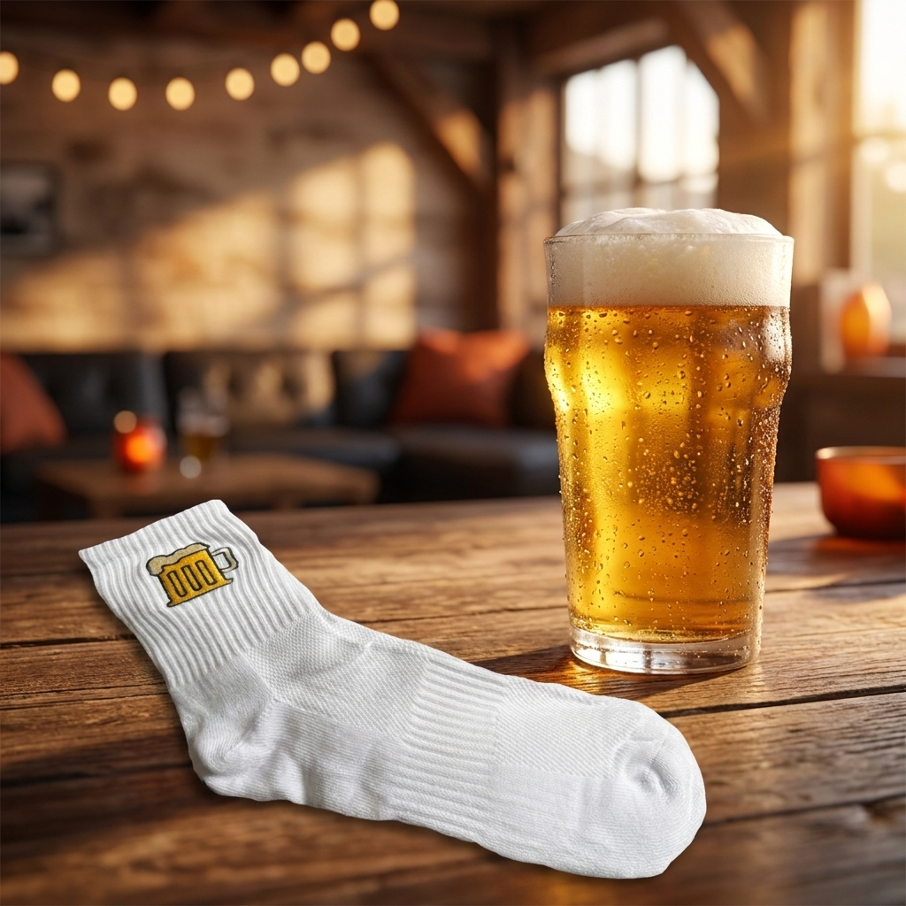 Bestickte Bier-Socken, Lifestyle mit Bierglas