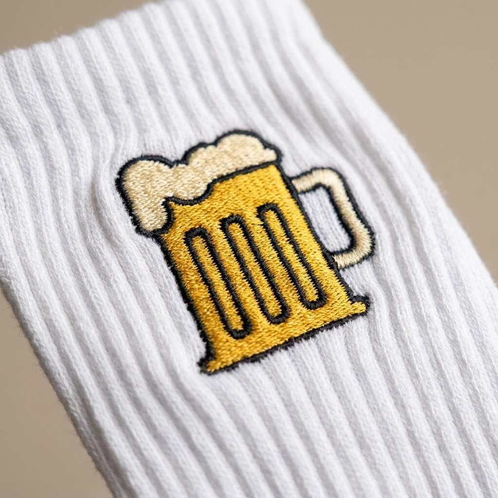 Bestickte Bier-Socken, Nahaufnahme Stickerei